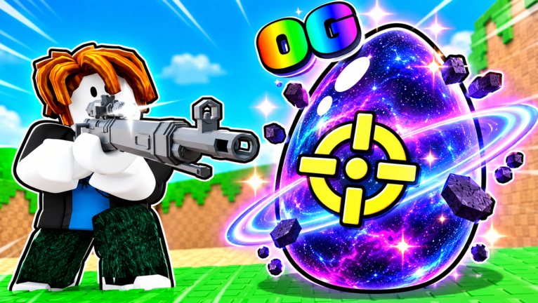 A player lying prone on a rooftop aims a scoped rifle at a large galaxy-patterned egg marked with a red targeting reticle in Shoot For Eggs.