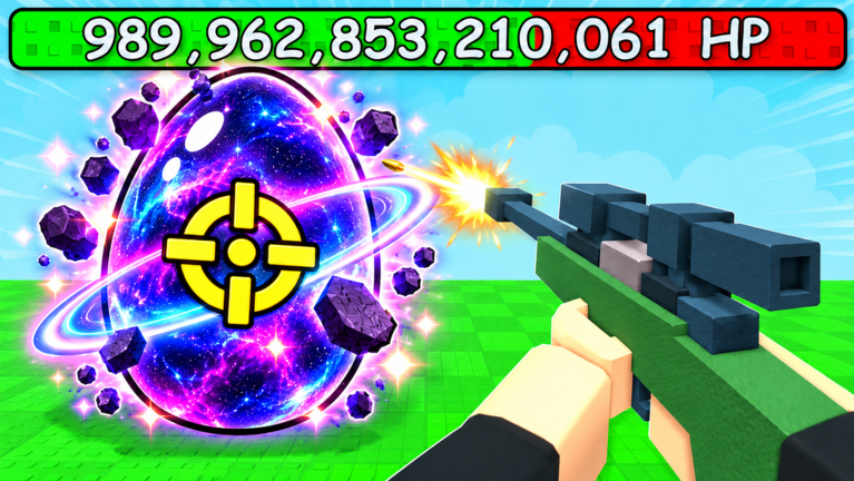 First-person view in Shoot For Eggs holding a gun aimed at a large galaxy-patterned egg marked with a crosshair, with an HP counter of 989,962,853,210,061 at the top