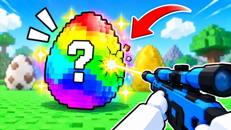 First-person view in Shoot For Eggs firing a blue scoped rifle at a pixel-skinned rainbow egg marked with a question mark, with a speckled white egg and a golden egg on the grass behind it.