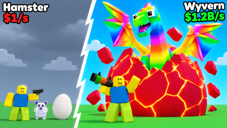Split view of two Shoot For Eggs scenes: a small hamster beside a plain white egg labeled $1 per second under a stormy sky on the left, and a rainbow Wyvern hatching from a cracked red egg labeled $1.2 billion per second on the right.