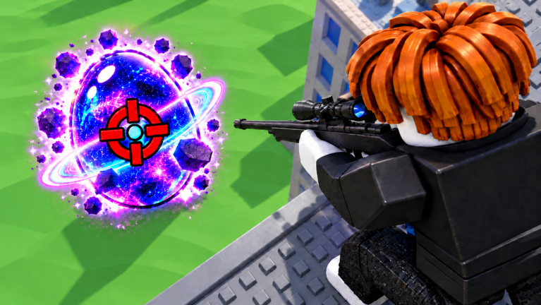 A Roblox character on a rooftop aims a scoped sniper rifle down at a large galaxy-patterned egg marked with a red reticle in Shoot For Eggs.