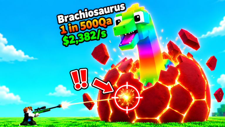 A cracked red egg hatching a rainbow Brachiosaurus pet, with its 1 in 500Qa rarity and cash-per-second income shown in Shoot For Eggs.
