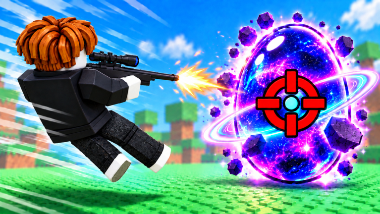A Roblox character aiming a sniper rifle at a giant galaxy-textured egg marked with a red target in Shoot For Eggs.
